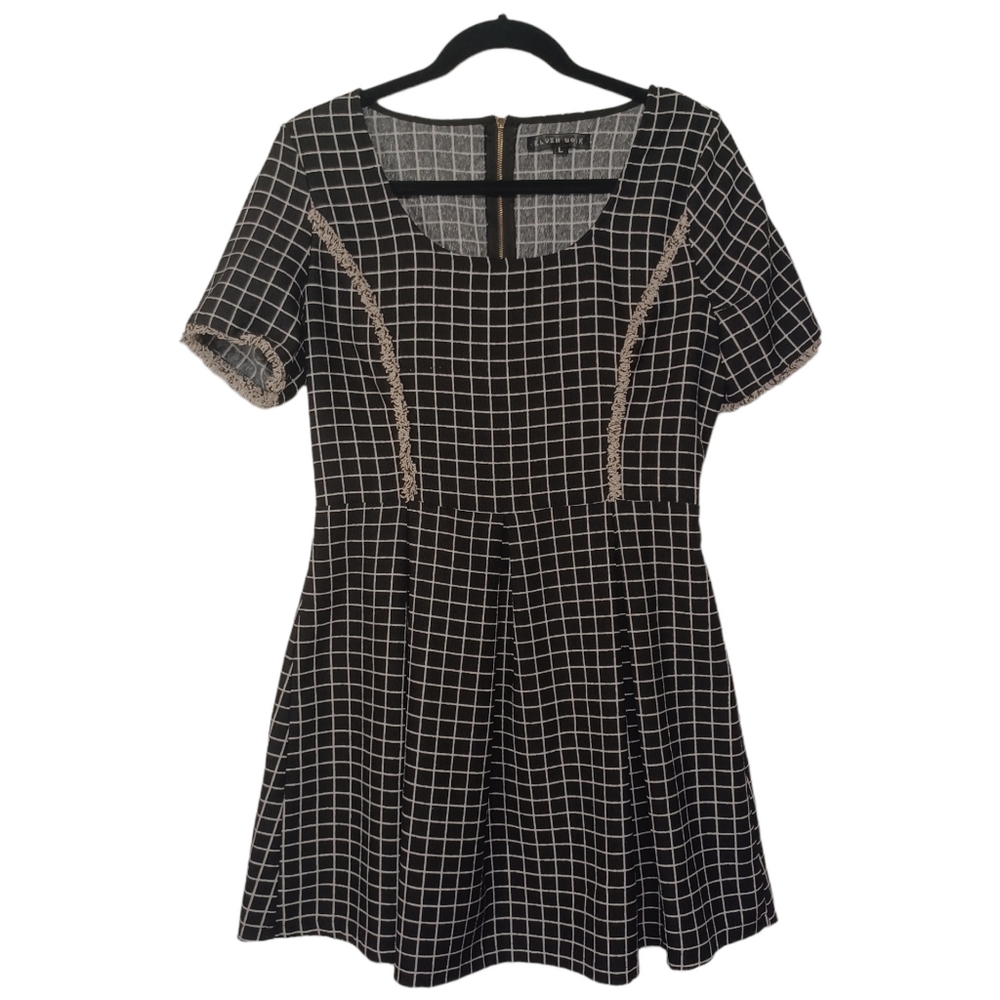 BLUSH NOIR Black Windowpane Plaid Print Short Sleeve A-Line Dress Large